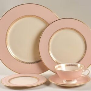 Lenox Caribbee Mid Century MCM 5 Piece Place Setting Pink Gold Rim Dinne…